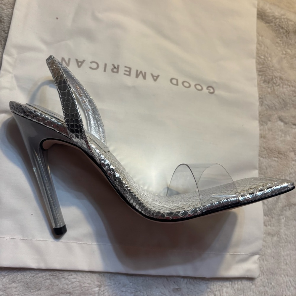 NEW Good American Heels Size 7 Metallic Silver Clear front Strap Made in Spain - Picture 11 of 16